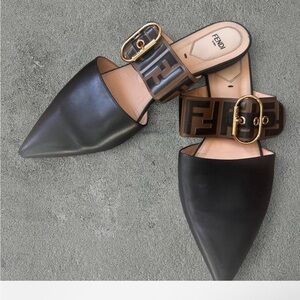 Fendi Black Leather Mules with Gold Buckle